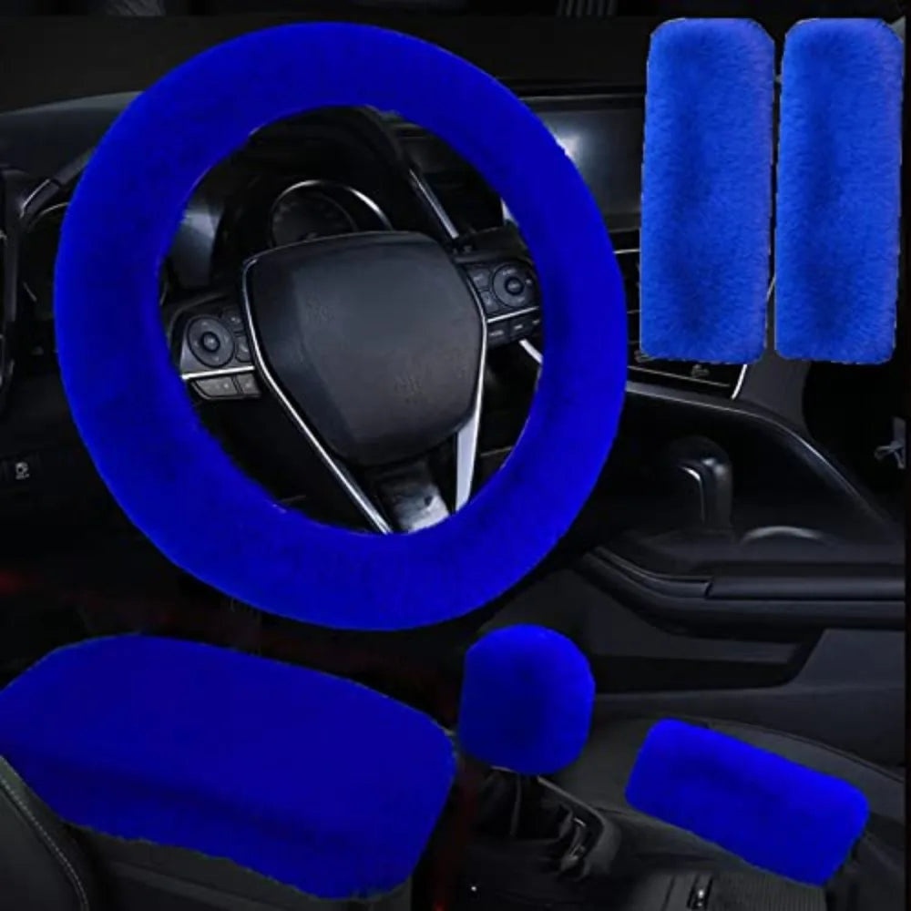 6Pcs/Set Soft Fluffy Car Steering Wheel Cover Seat Belt Shoulder Pads Winter Gear Shift Cover Car Accessory Warm