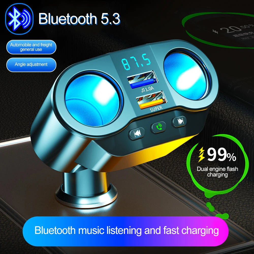 Car Cigarette Lighter Splitter Car Fm Transmitter Bluetooth Hands-Free Car Charger Dual Usb Qc3.0 12V/24V Fast Charger Socket