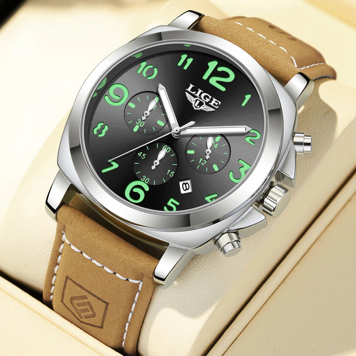 LIGE Casual Outdoor Quartz Man Watch Fashion Sport Waterproof Luminous Auto Date Leather Strap Wristwatch for Men Male Gifts Box