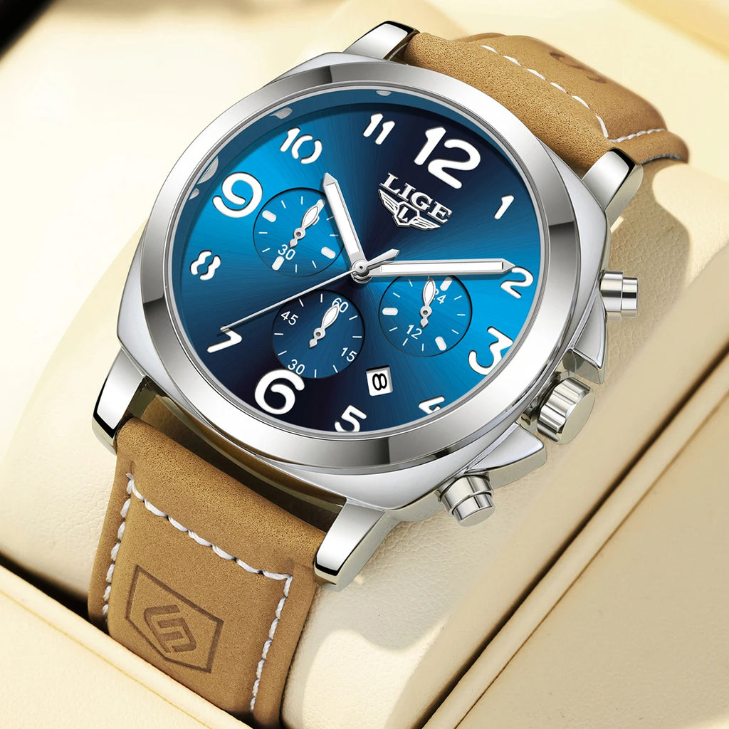 LIGE Casual Outdoor Quartz Man Watch Fashion Sport Waterproof Luminous Auto Date Leather Strap Wristwatch for Men Male Gifts Box