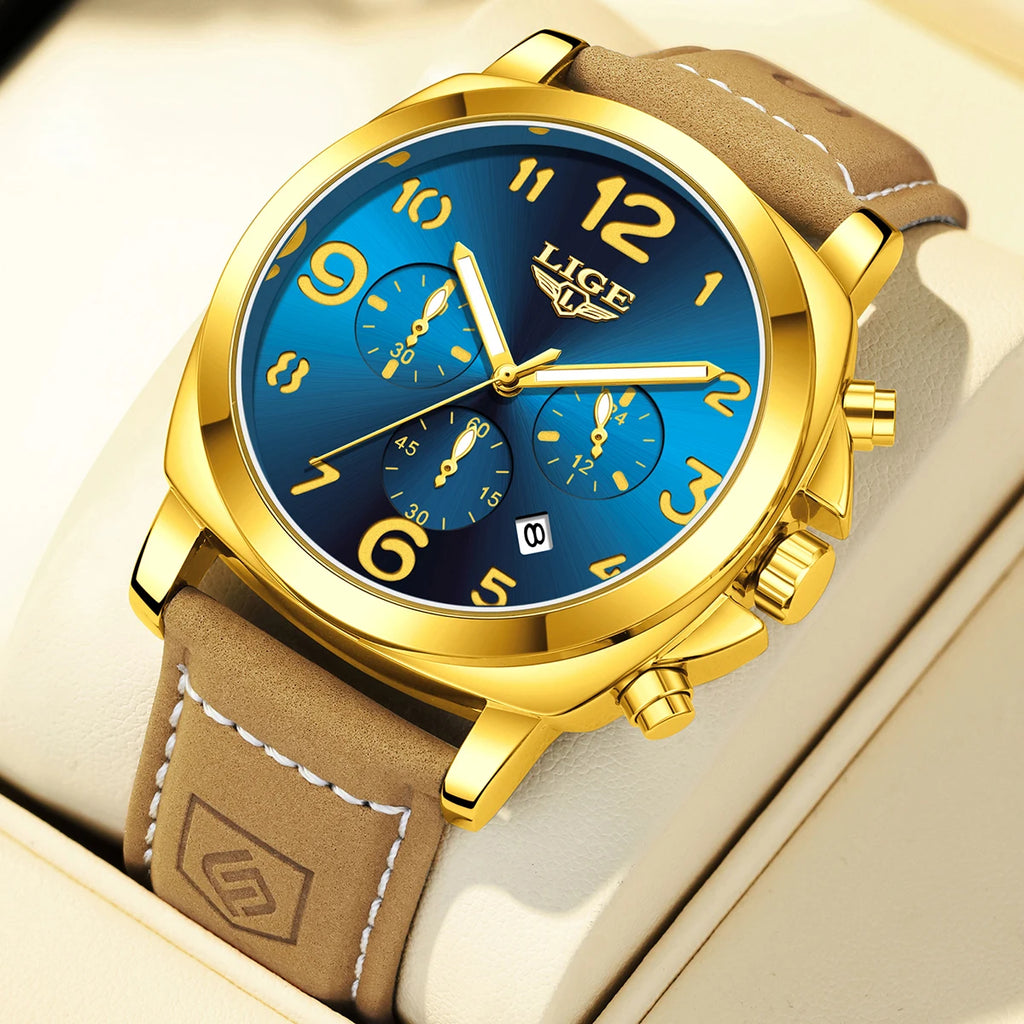 LIGE Casual Outdoor Quartz Man Watch Fashion Sport Waterproof Luminous Auto Date Leather Strap Wristwatch for Men Male Gifts Box