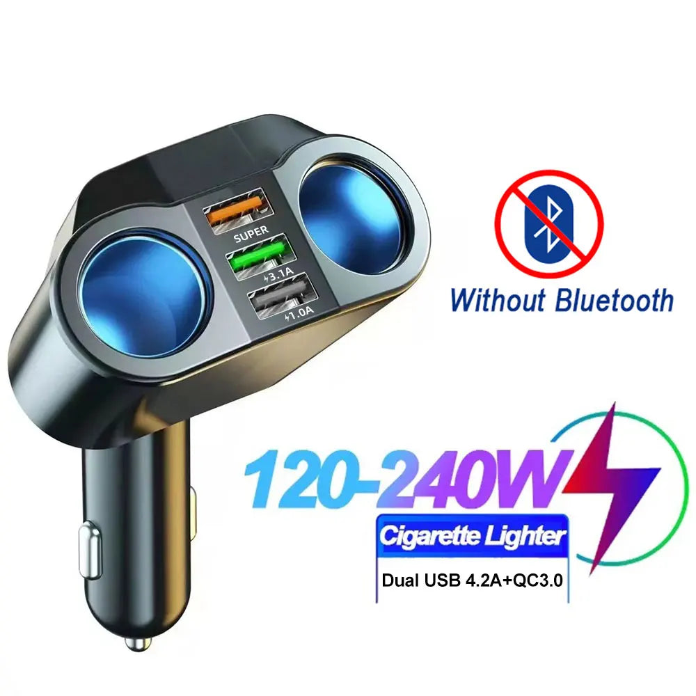 Car Cigarette Lighter Splitter Car Fm Transmitter Bluetooth Hands-Free Car Charger Dual Usb Qc3.0 12V/24V Fast Charger Socket