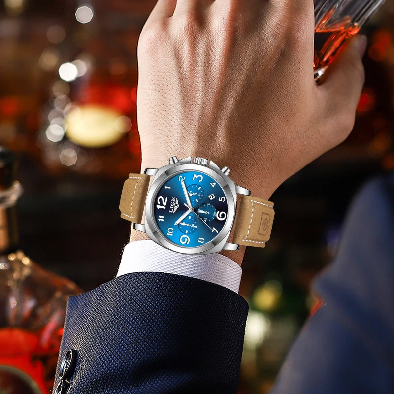 LIGE Casual Outdoor Quartz Man Watch Fashion Sport Waterproof Luminous Auto Date Leather Strap Wristwatch for Men Male Gifts Box
