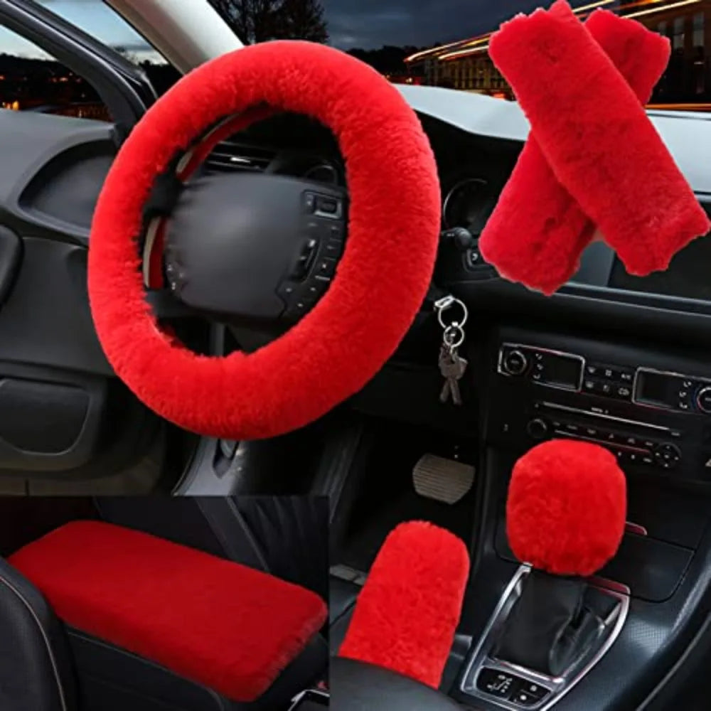 6Pcs/Set Soft Fluffy Car Steering Wheel Cover Seat Belt Shoulder Pads Winter Gear Shift Cover Car Accessory Warm