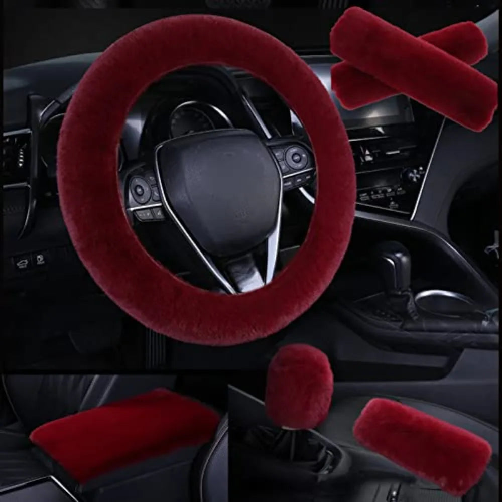 6Pcs/Set Soft Fluffy Car Steering Wheel Cover Seat Belt Shoulder Pads Winter Gear Shift Cover Car Accessory Warm