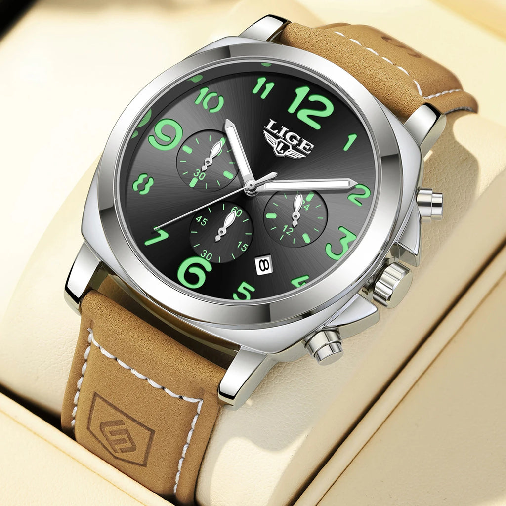 LIGE Casual Outdoor Quartz Man Watch Fashion Sport Waterproof Luminous Auto Date Leather Strap Wristwatch for Men Male Gifts Box