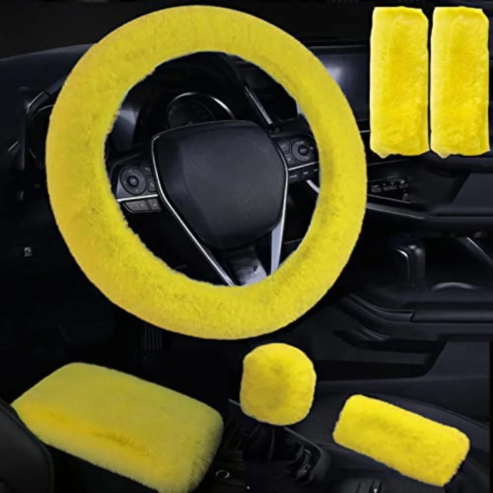 6Pcs/Set Soft Fluffy Car Steering Wheel Cover Seat Belt Shoulder Pads Winter Gear Shift Cover Car Accessory Warm