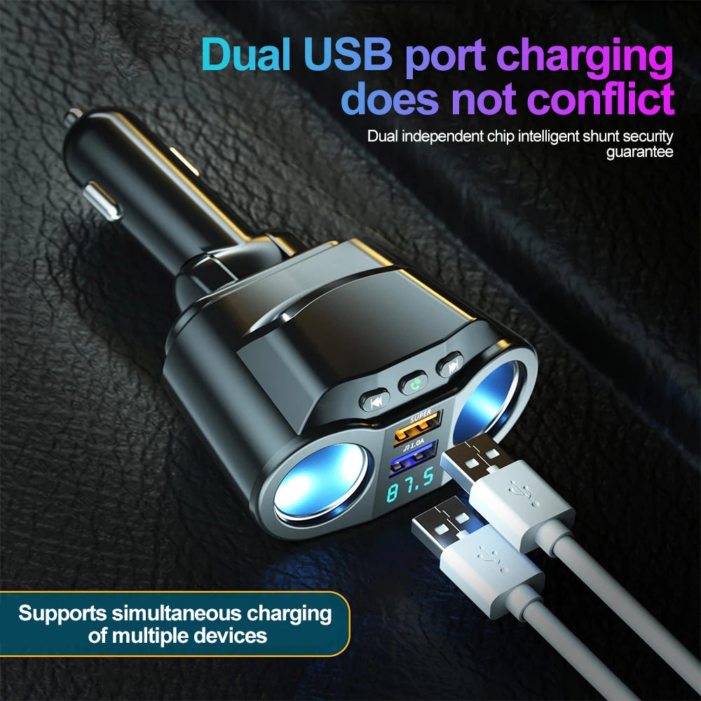 Car Cigarette Lighter Splitter Car Fm Transmitter Bluetooth Hands-Free Car Charger Dual Usb Qc3.0 12V/24V Fast Charger Socket