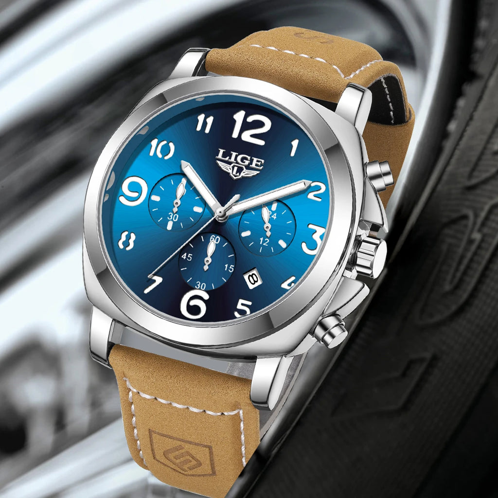 LIGE Casual Outdoor Quartz Man Watch Fashion Sport Waterproof Luminous Auto Date Leather Strap Wristwatch for Men Male Gifts Box
