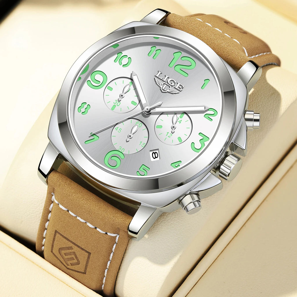 LIGE Casual Outdoor Quartz Man Watch Fashion Sport Waterproof Luminous Auto Date Leather Strap Wristwatch for Men Male Gifts Box