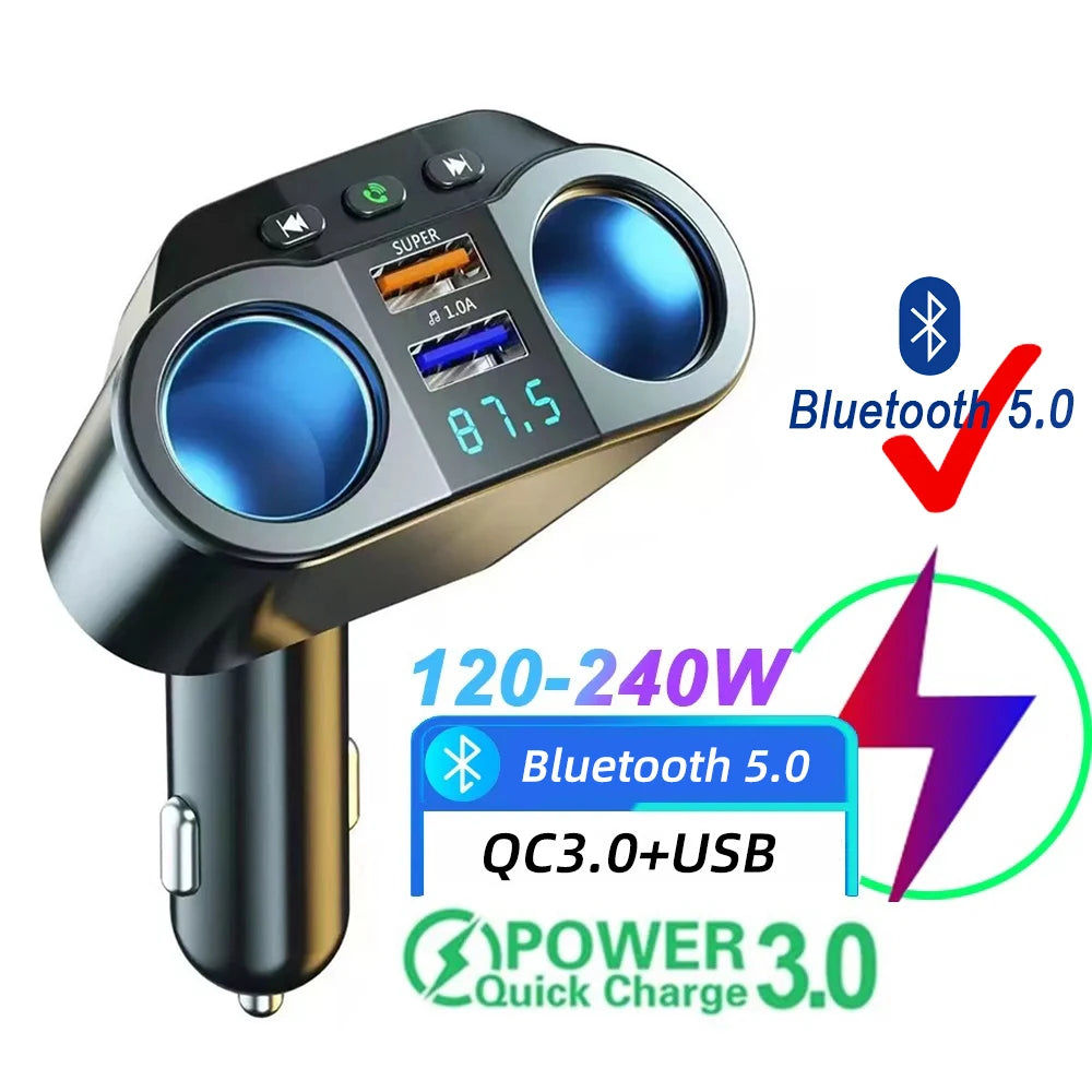 Car Cigarette Lighter Splitter Car Fm Transmitter Bluetooth Hands-Free Car Charger Dual Usb Qc3.0 12V/24V Fast Charger Socket
