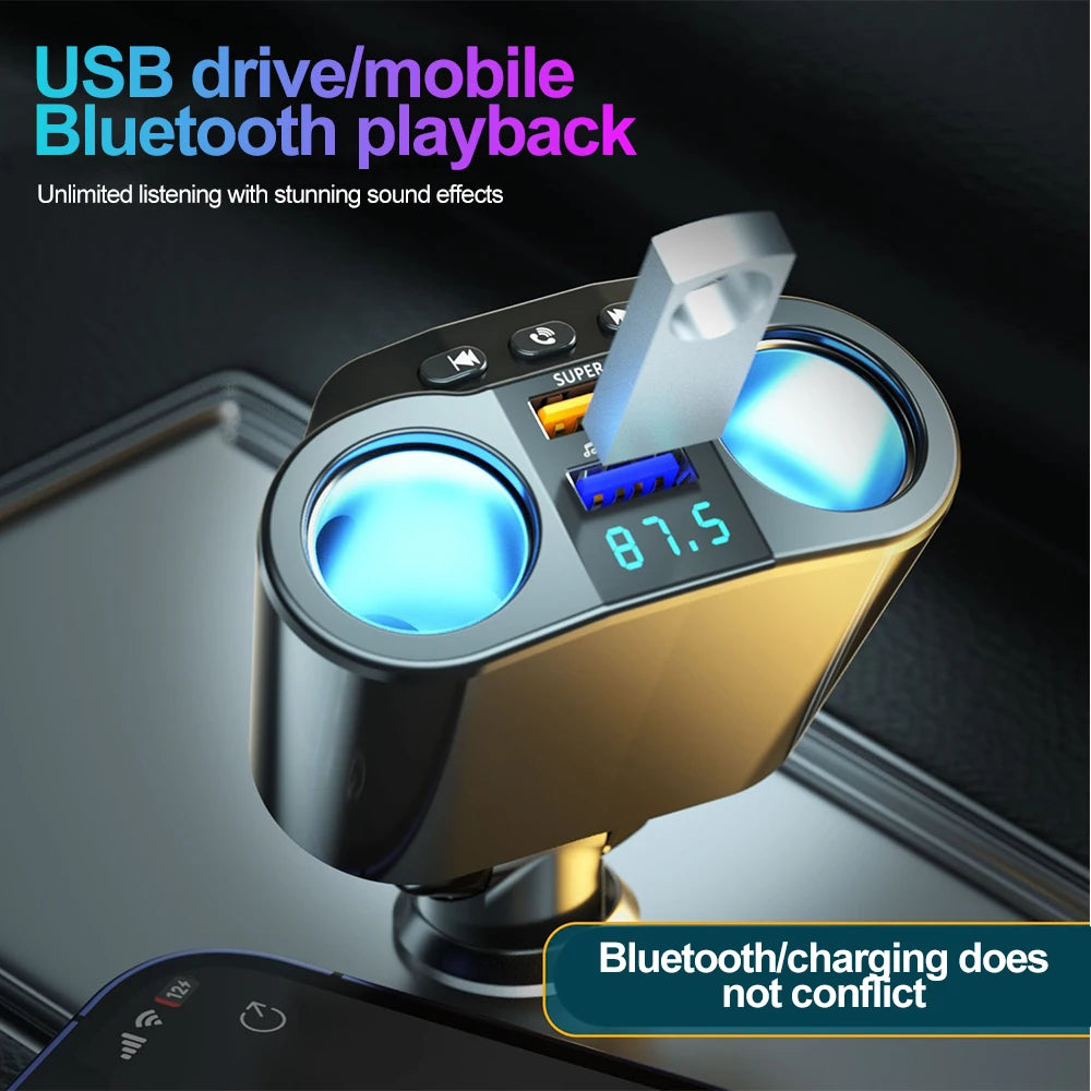 Car Cigarette Lighter Splitter Car Fm Transmitter Bluetooth Hands-Free Car Charger Dual Usb Qc3.0 12V/24V Fast Charger Socket
