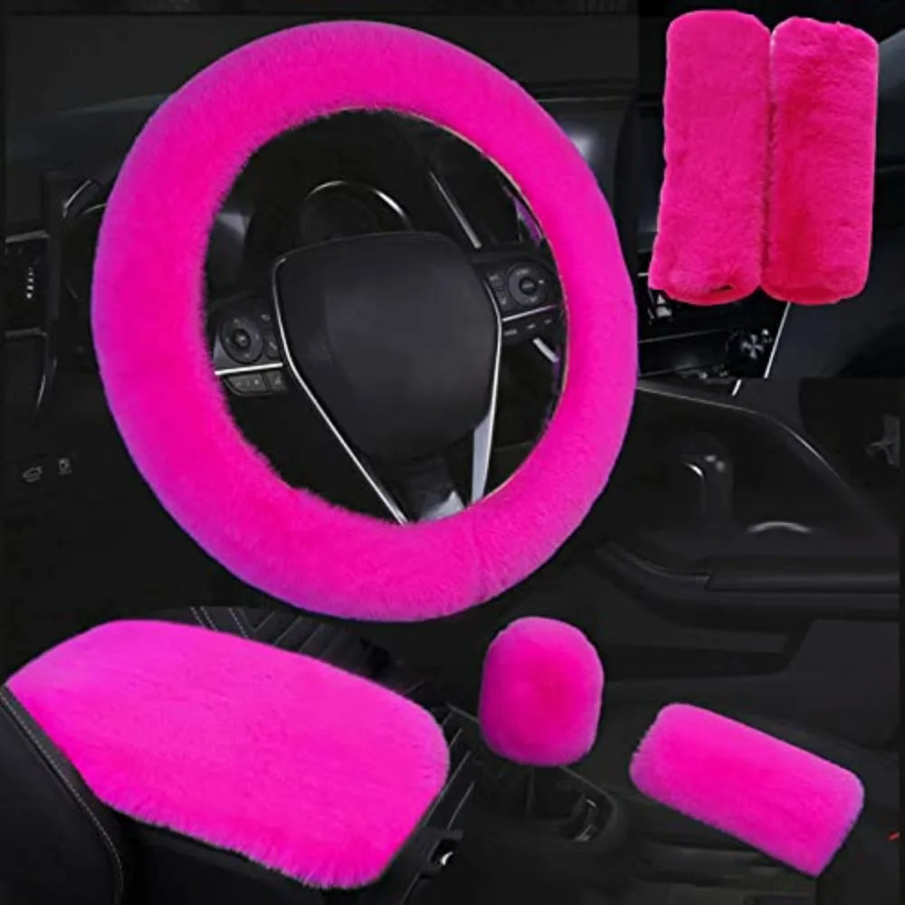 6Pcs/Set Soft Fluffy Car Steering Wheel Cover Seat Belt Shoulder Pads Winter Gear Shift Cover Car Accessory Warm