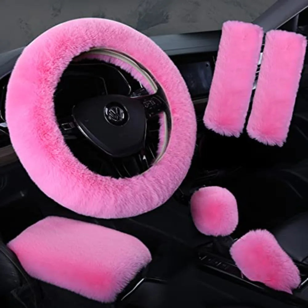 6Pcs/Set Soft Fluffy Car Steering Wheel Cover Seat Belt Shoulder Pads Winter Gear Shift Cover Car Accessory Warm