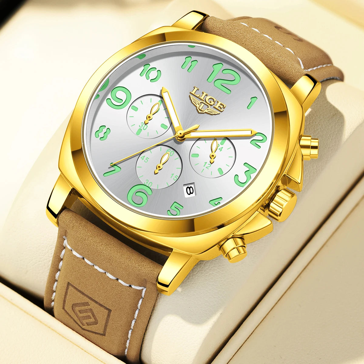 LIGE Casual Outdoor Quartz Man Watch Fashion Sport Waterproof Luminous Auto Date Leather Strap Wristwatch for Men Male Gifts Box