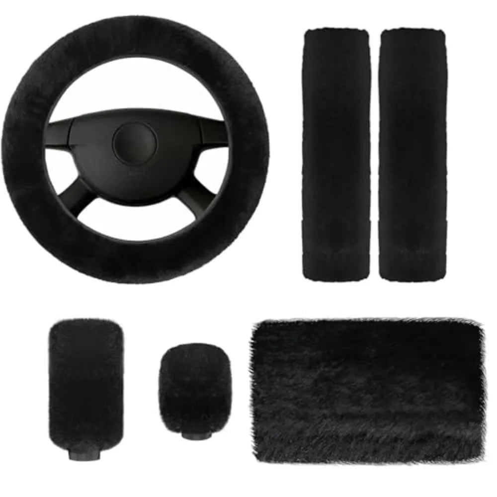 6Pcs/Set Soft Fluffy Car Steering Wheel Cover Seat Belt Shoulder Pads Winter Gear Shift Cover Car Accessory Warm