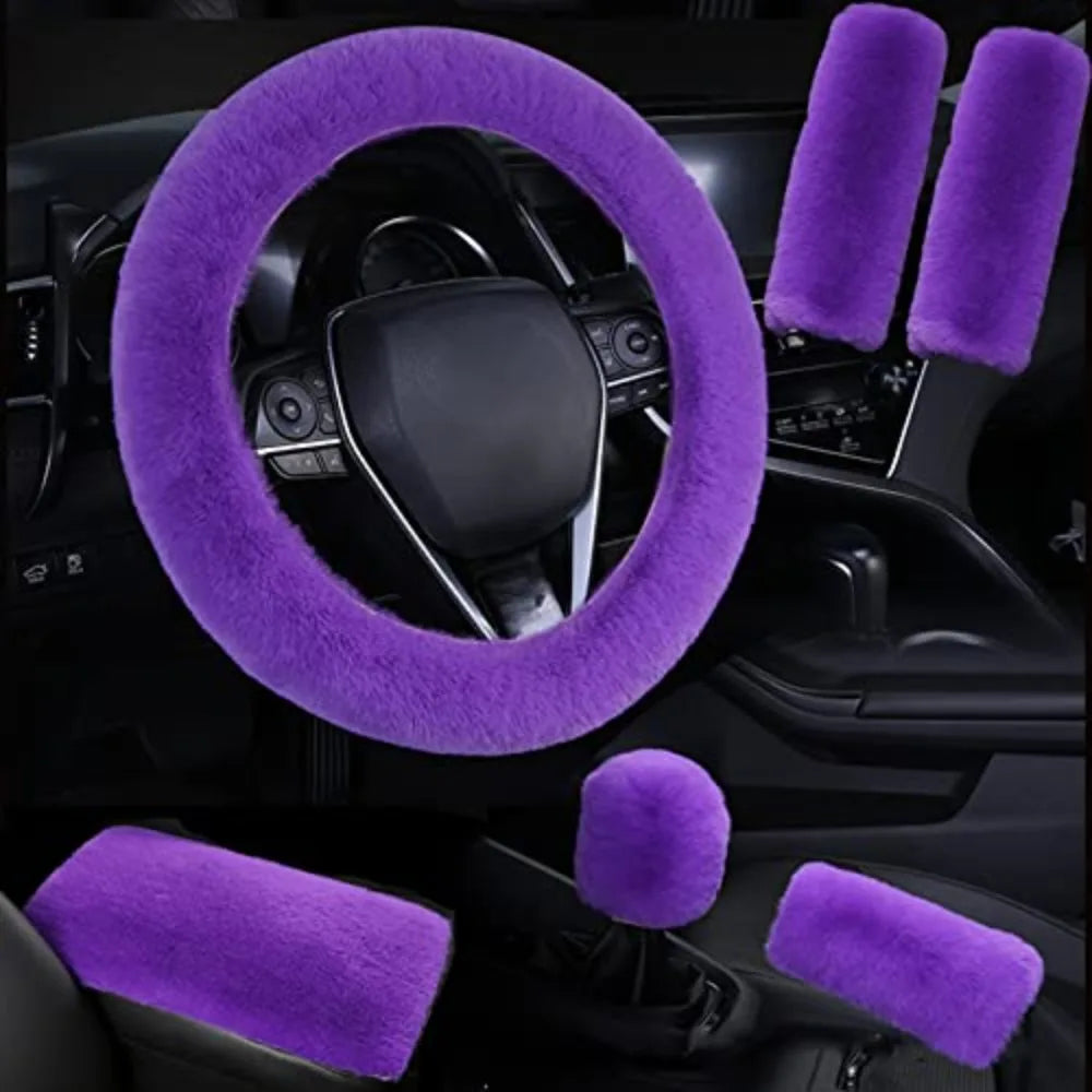 6Pcs/Set Soft Fluffy Car Steering Wheel Cover Seat Belt Shoulder Pads Winter Gear Shift Cover Car Accessory Warm
