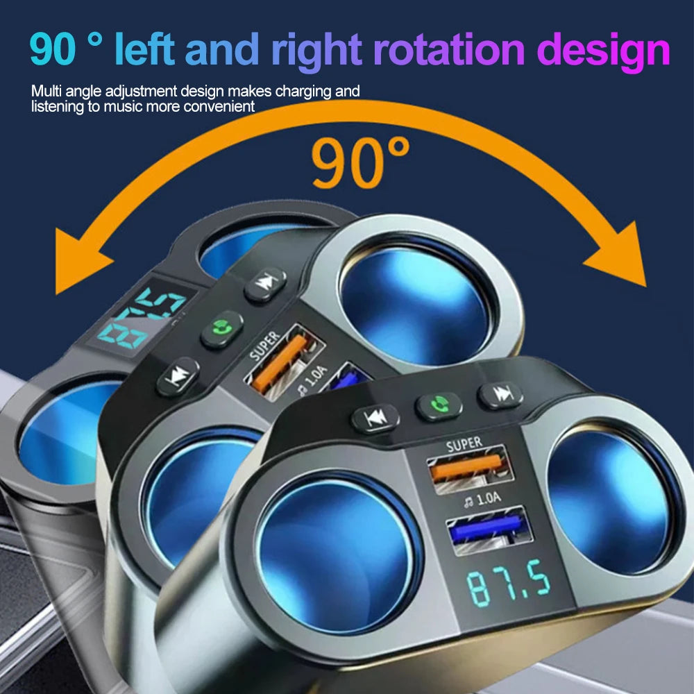 Car Cigarette Lighter Splitter Car Fm Transmitter Bluetooth Hands-Free Car Charger Dual Usb Qc3.0 12V/24V Fast Charger Socket