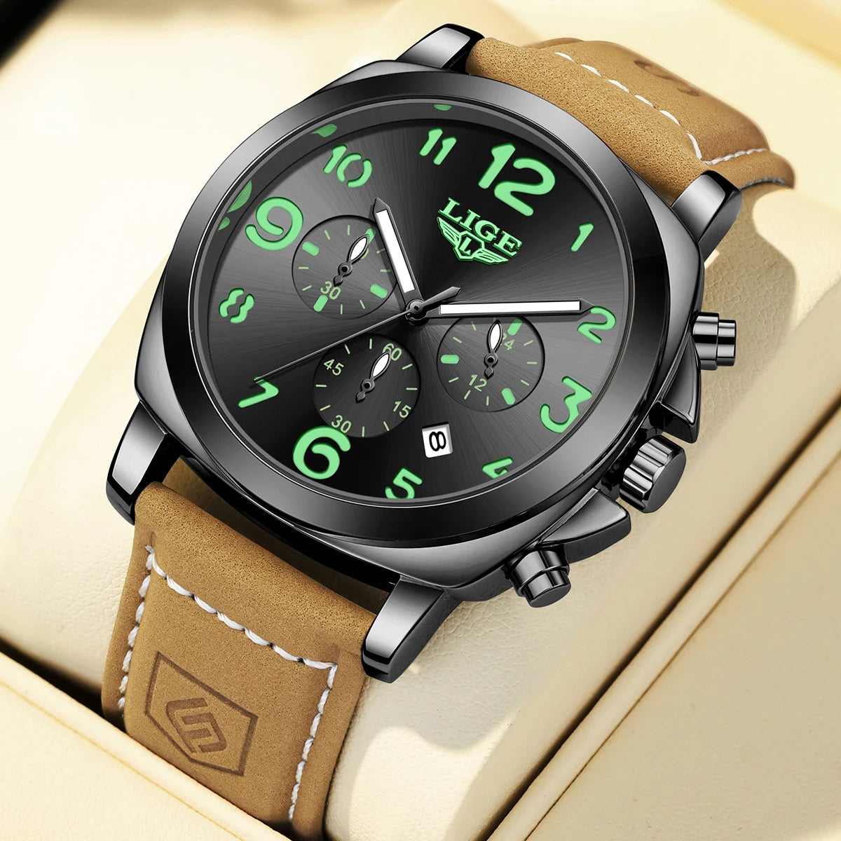 LIGE Casual Outdoor Quartz Man Watch Fashion Sport Waterproof Luminous Auto Date Leather Strap Wristwatch for Men Male Gifts Box