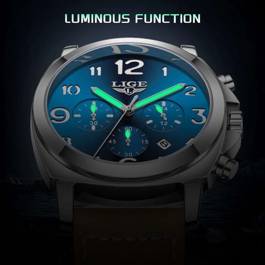 LIGE Casual Outdoor Quartz Man Watch Fashion Sport Waterproof Luminous Auto Date Leather Strap Wristwatch for Men Male Gifts Box