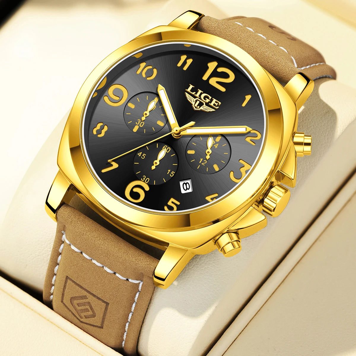 LIGE Casual Outdoor Quartz Man Watch Fashion Sport Waterproof Luminous Auto Date Leather Strap Wristwatch for Men Male Gifts Box