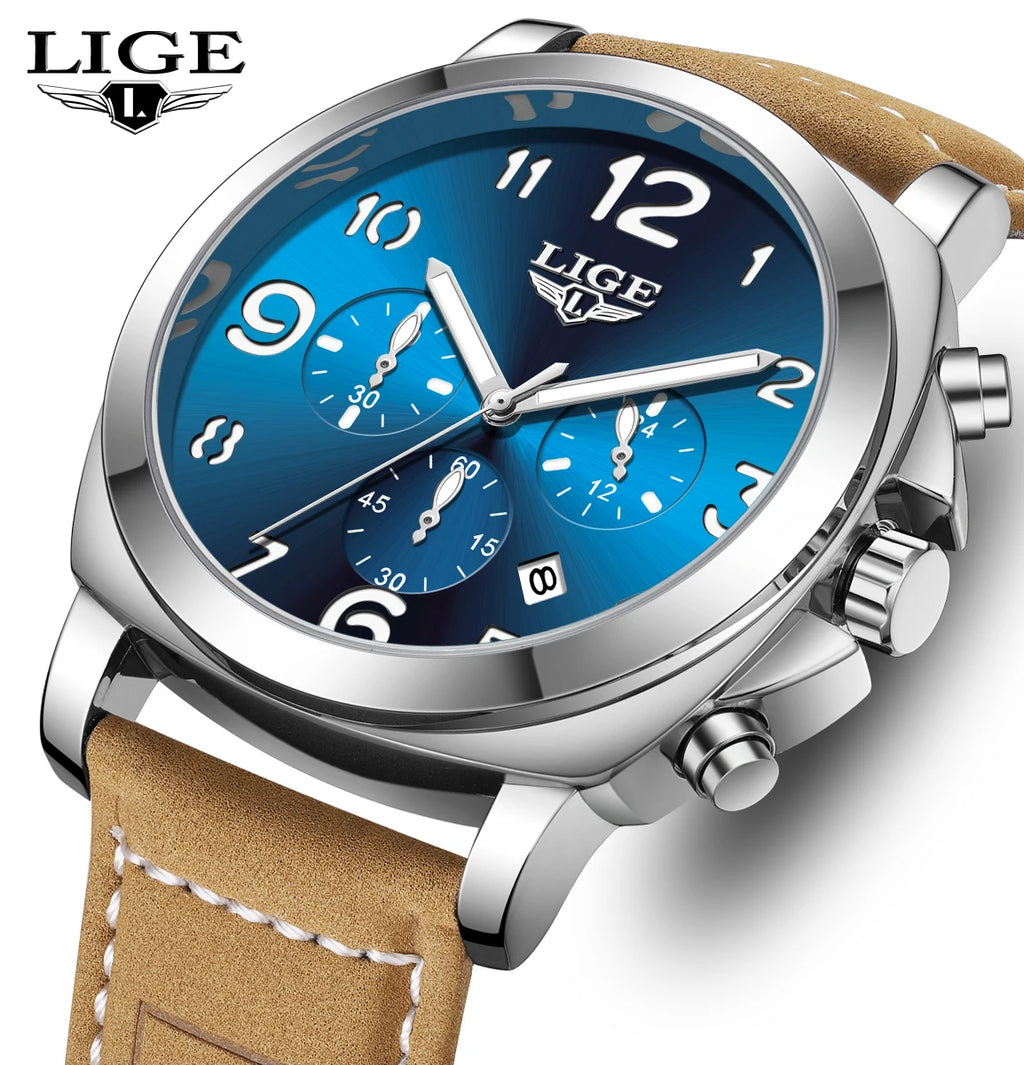 LIGE Casual Outdoor Quartz Man Watch Fashion Sport Waterproof Luminous Auto Date Leather Strap Wristwatch for Men Male Gifts Box